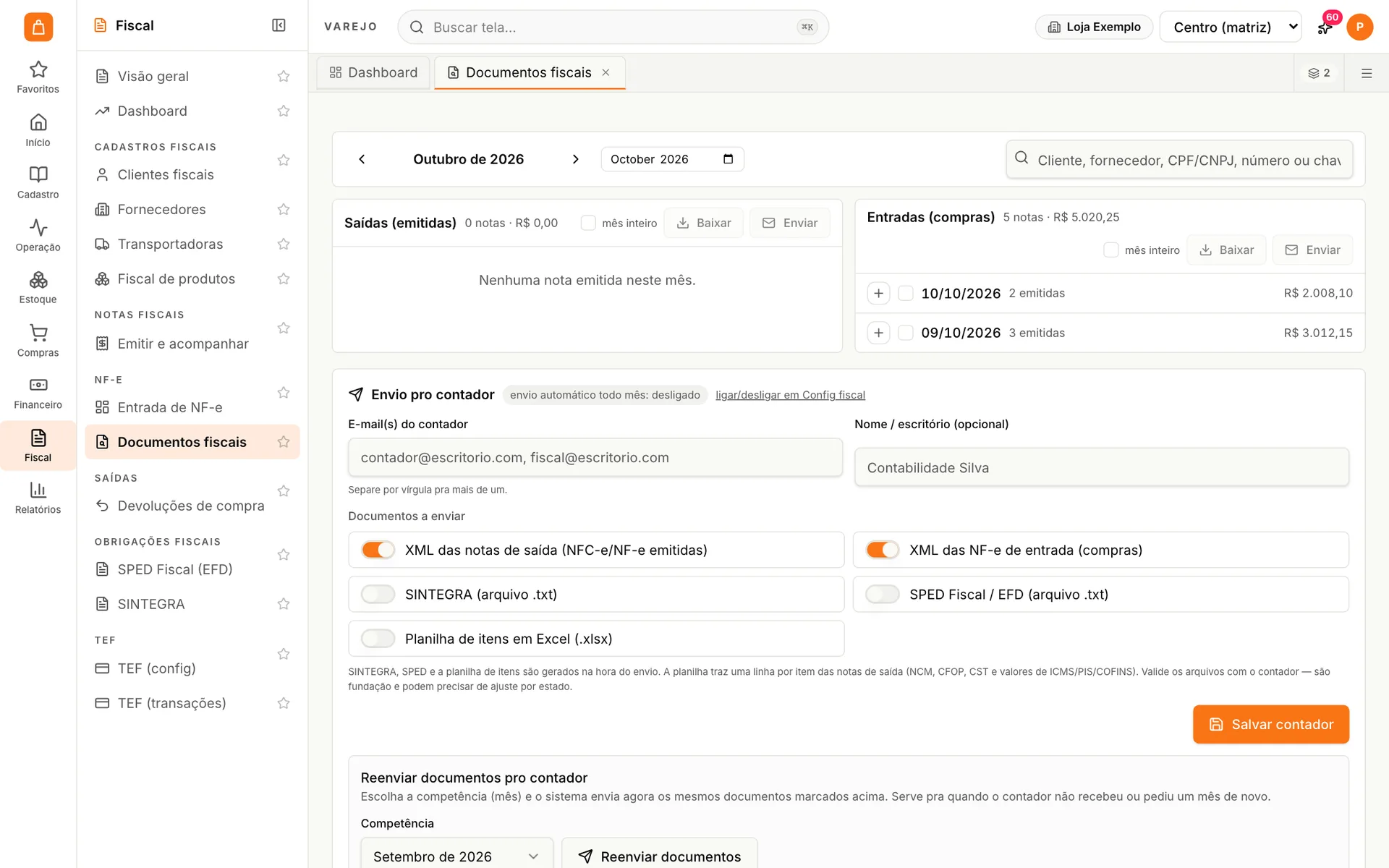 Documentos fiscais do udiVarejo por mês com notas de saída e de entrada e envio de XML, SPED e SINTEGRA para o contador